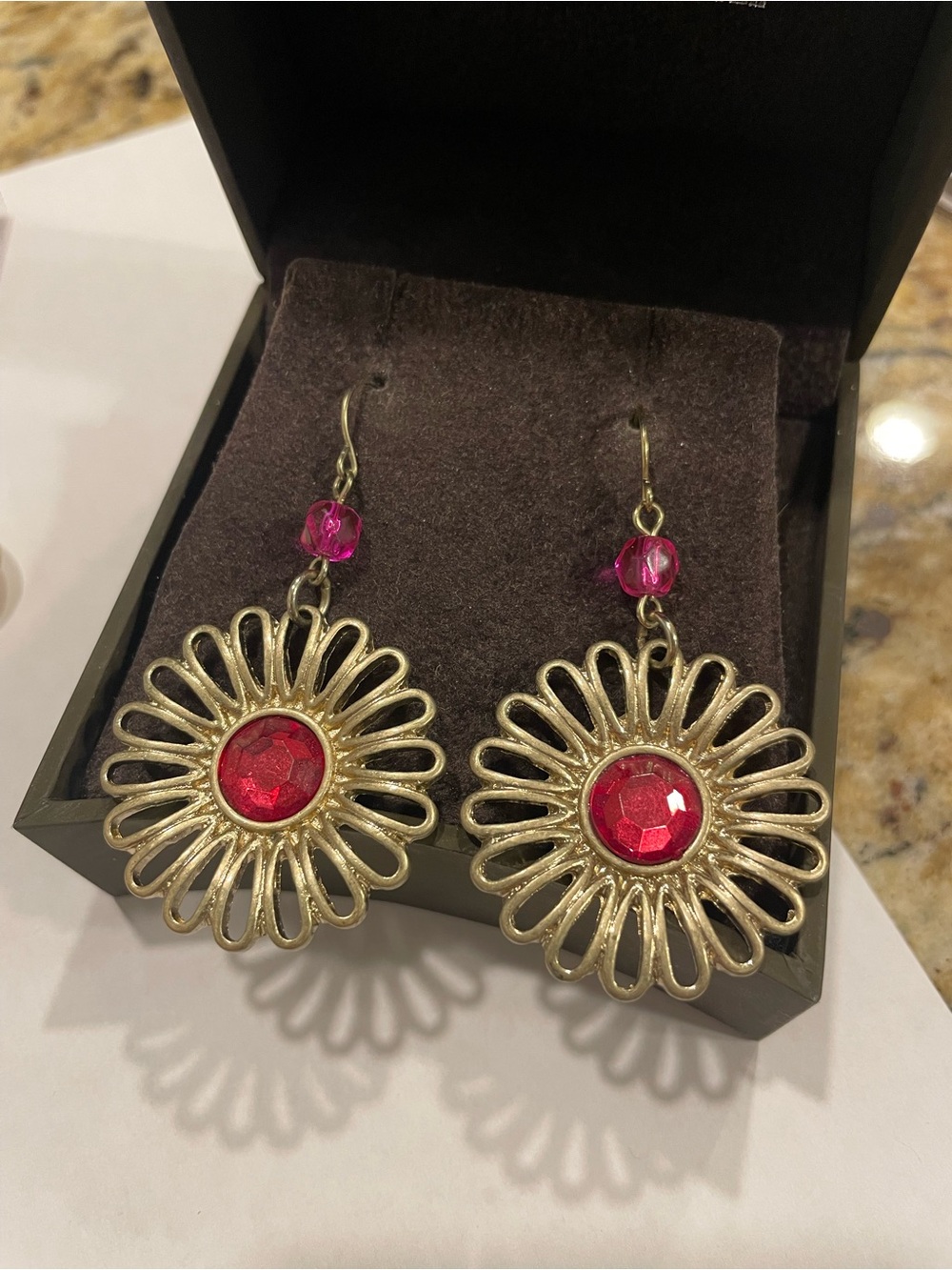 Gold-Tone Floral Drop Earrings with Dark Pink Gem Accents
